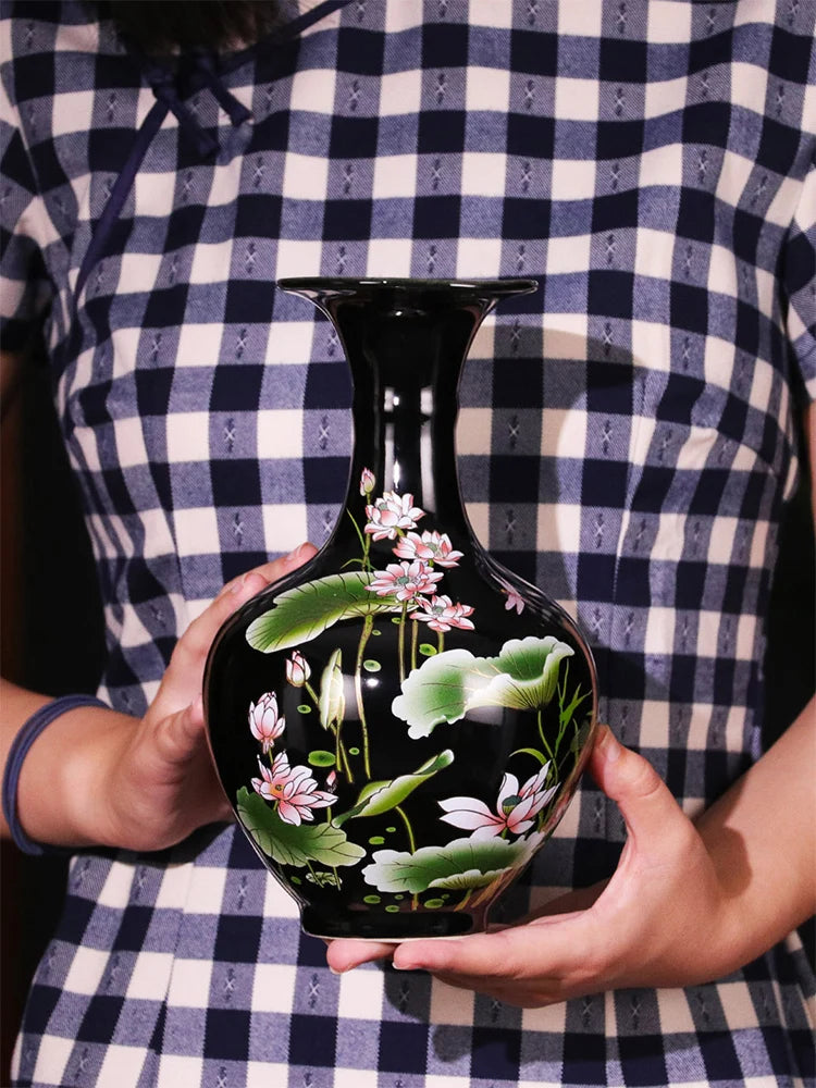 Jingdezhen Sharply Glaze Black Ceramic Vase Lotus Pattern For Modern Home Sitting Room Adornment
