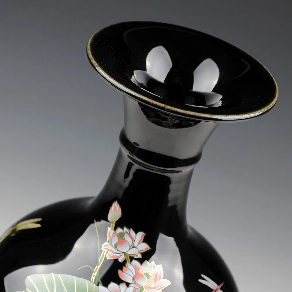 Jingdezhen Sharply Glaze Black Ceramic Vase Lotus Pattern For Modern Home Sitting Room Adornment