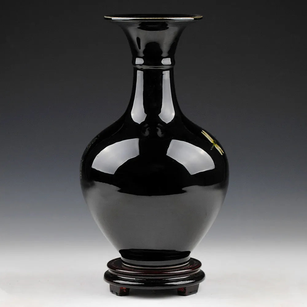 Jingdezhen Sharply Glaze Black Ceramic Vase Lotus Pattern For Modern Home Sitting Room Adornment