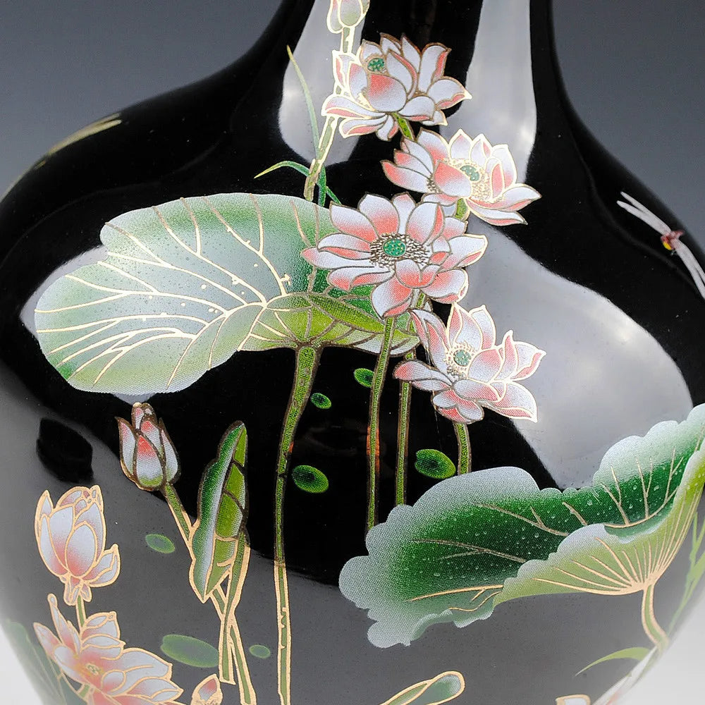 Jingdezhen Sharply Glaze Black Ceramic Vase Lotus Pattern For Modern Home Sitting Room Adornment