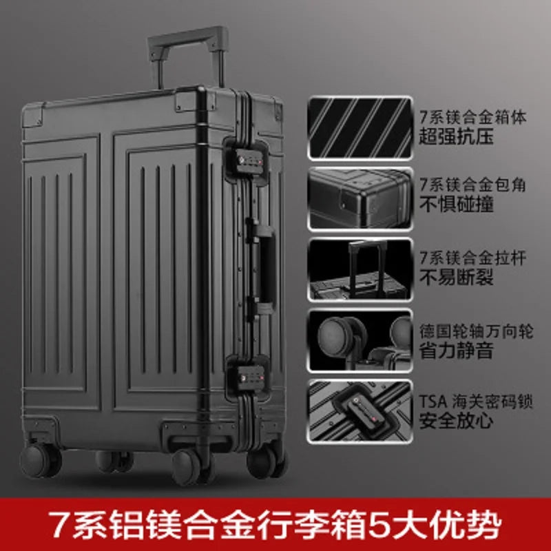High-Rank 100% Aluminum-Magnesium High Quality Rolling Luggage Perfect For Boarding Spinner International Brand Travel Suitcase