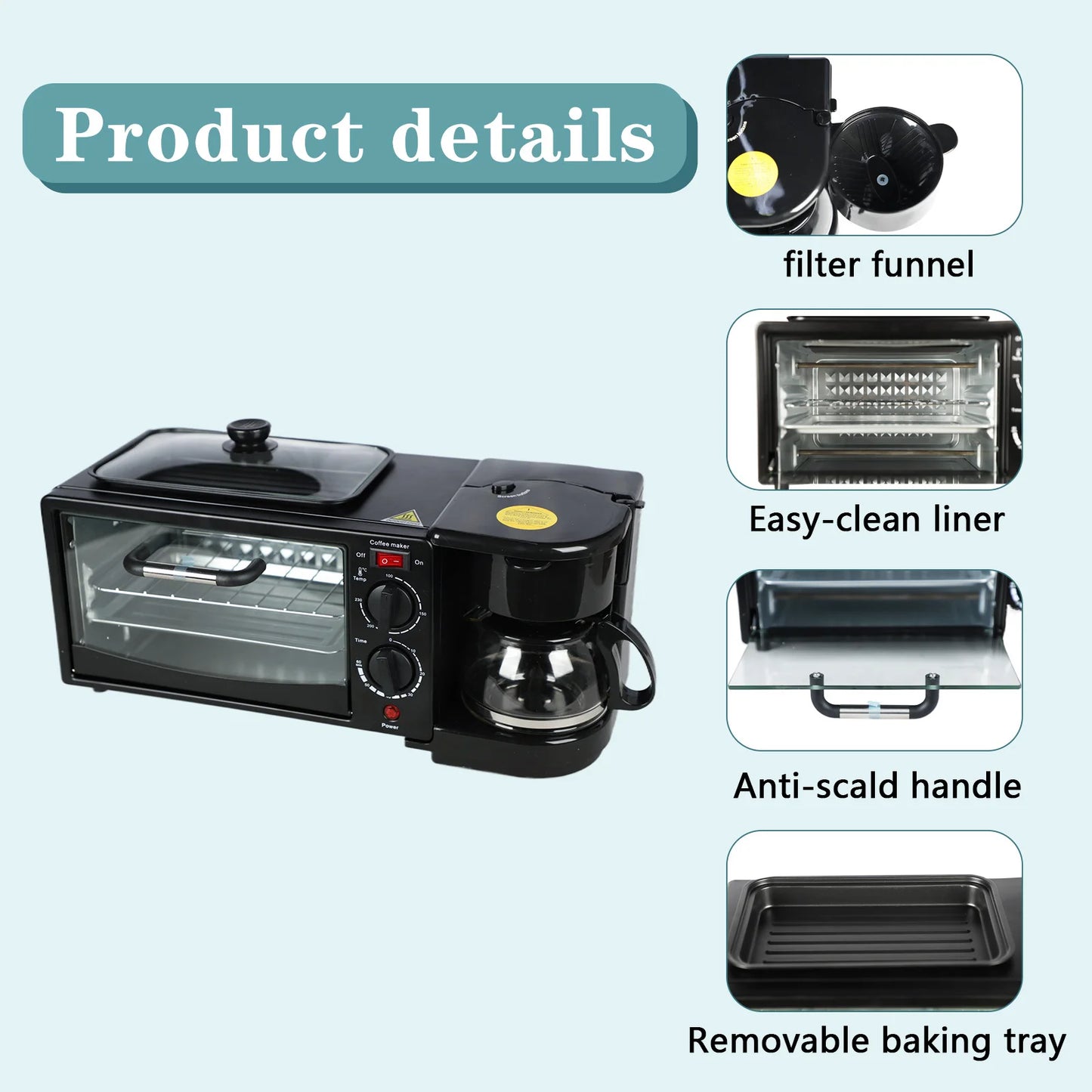 3 in 1 Breakfast Maker Non Stick Griddle Portable Toasters Oven with Coffee Machine Electric Breakfast Stations for Sausages