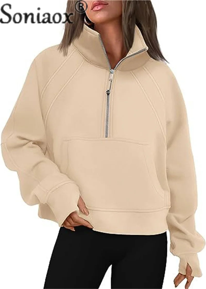 Women's Zipper Half Cardigan Splicing Kangaroo Pouch Thickened Sweatshirt Female Autumn Winter Stand-up Collar Hoodie Outerwear