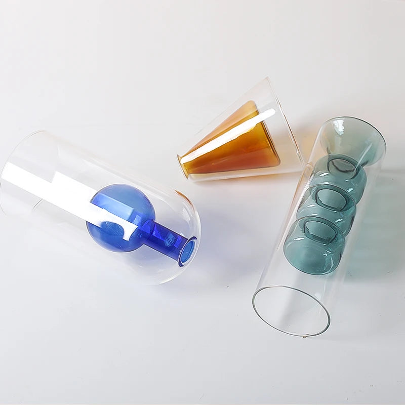 Decorative Double Wall Borosilicate Flower Vase Ins Hot Popular Cylinder Hydroponic Clear Murano Glass Vase