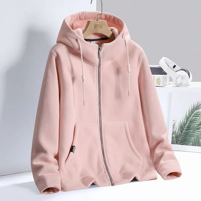 Solid Cashmere Fleece Hoodies Women Sweatshirt Autumn Winter Jacket Breathable Leisure Walk Warm Hooded Zipper Top Lady Coat