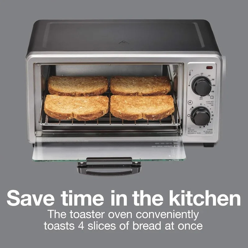 4 Slice Countertop Toaster Oven, Toast and Broiler, 1100 Watts, Includes Backing Pan and Rack, Black and Silver (31260)