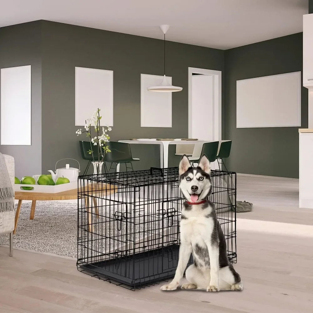 Dog Crate Cage Pet for Large s Folding Metal Double Door W/Divider Panel