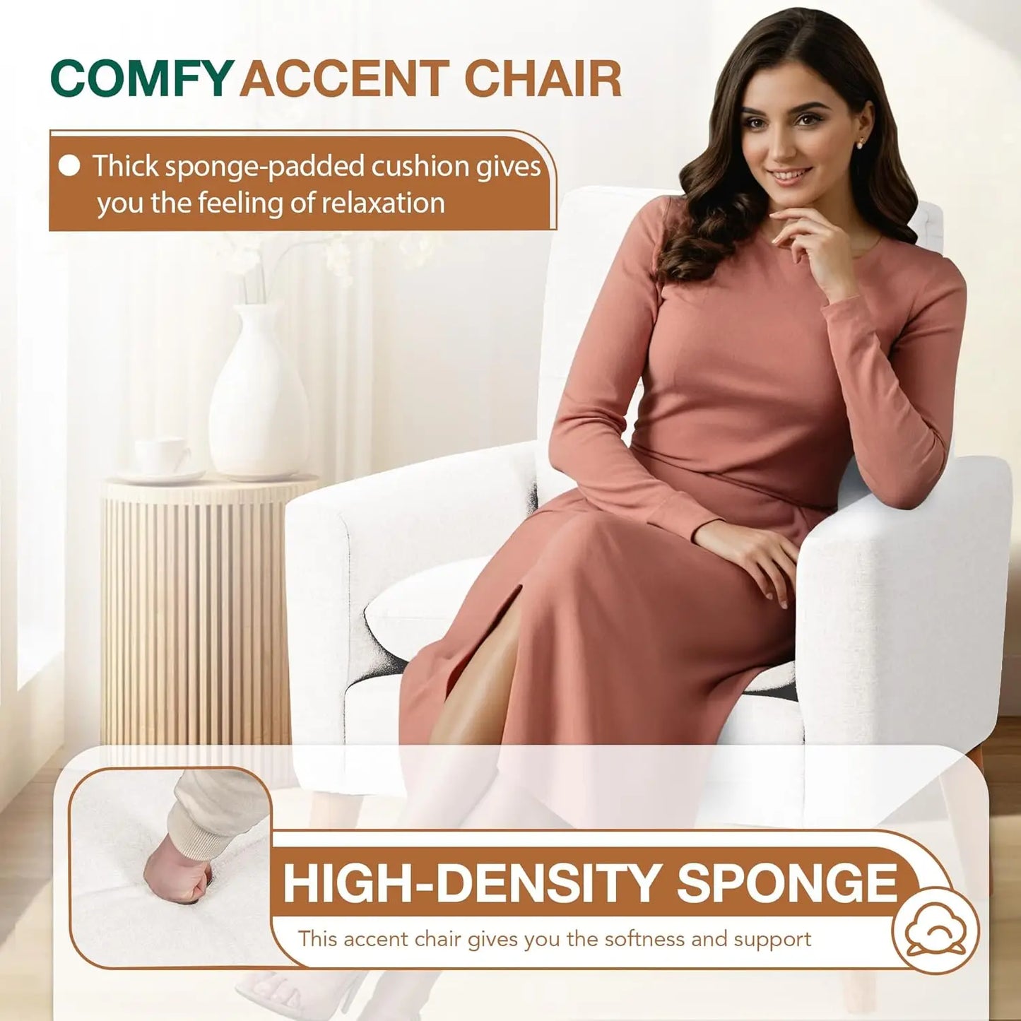 JUMMICO Mid Century Accent Chair, Fabric Modern Reading Living Room Chair, Fluffy Comfy Armchair Small Sofa Chair with Wood Legs
