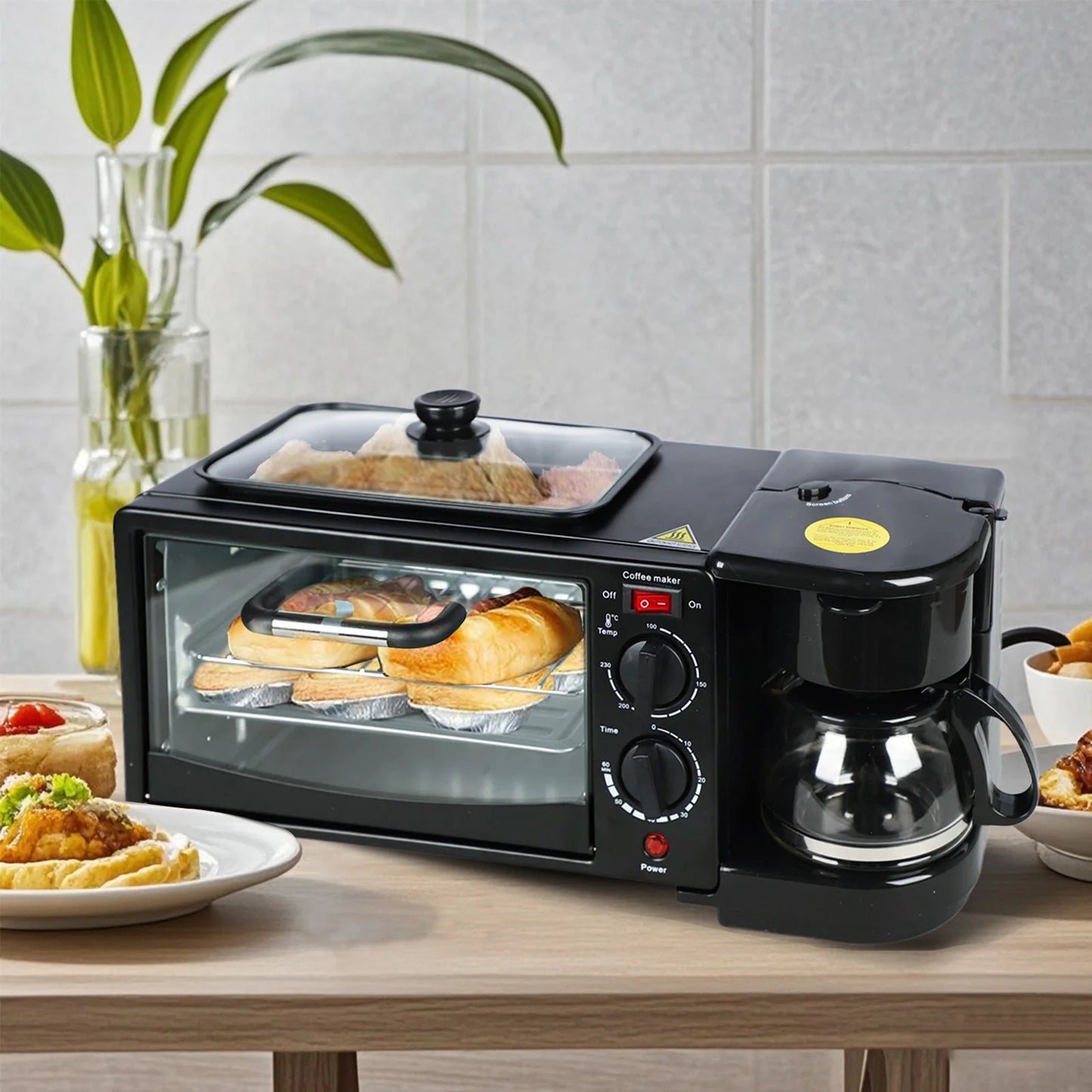 3 in 1 Breakfast Maker Non Stick Griddle Portable Toasters Oven with Coffee Machine Electric Breakfast Stations for Sausages