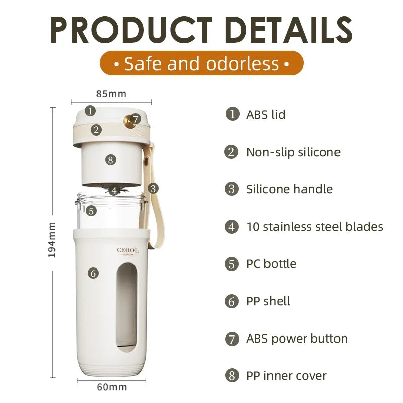 Portable Blender Juicer Machine with 10 Stainless Steel Blades USB Rechargeable Fresh Fruit Mixers Mini Juice Maker