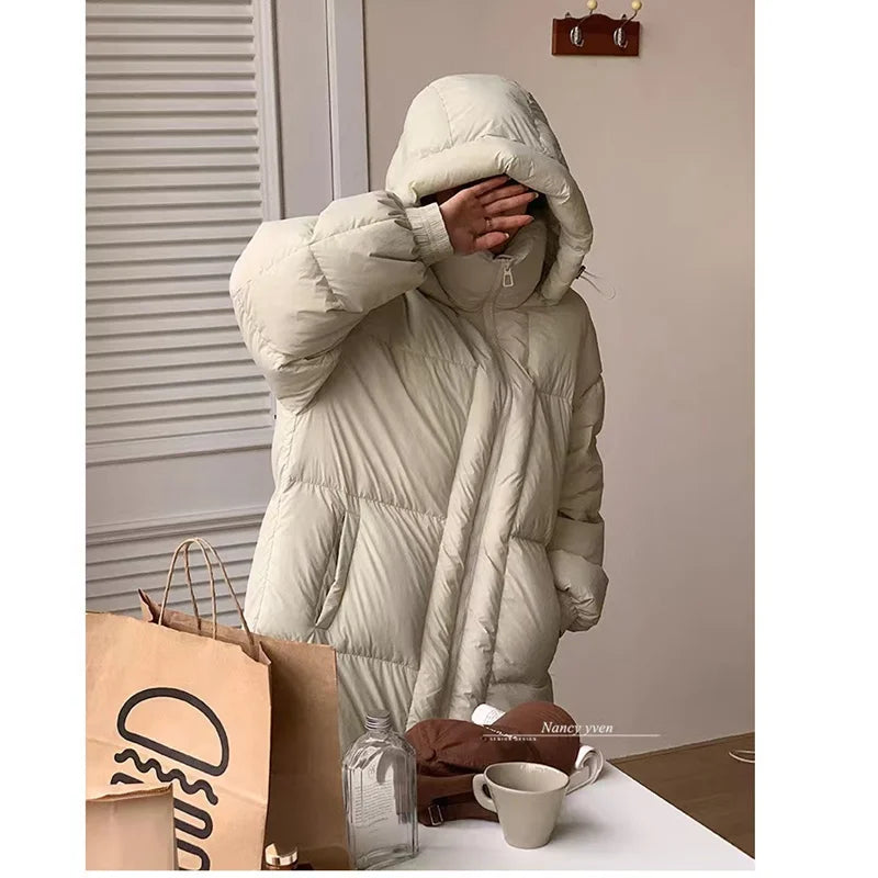 Khaki Down Jacket Women Hooded Coat Keep Thickening Warm Fashion Streetwear Duck Down Feather Female 2024 Winter Long Outwear