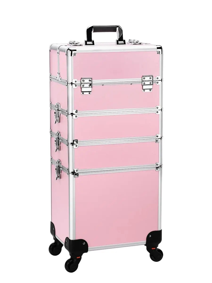4 in 1 Aluminum Rolling Makeup Case On Wheels Cosmetic Storage Organizer Travel Train Case Divider With Labor-Saving Wheel