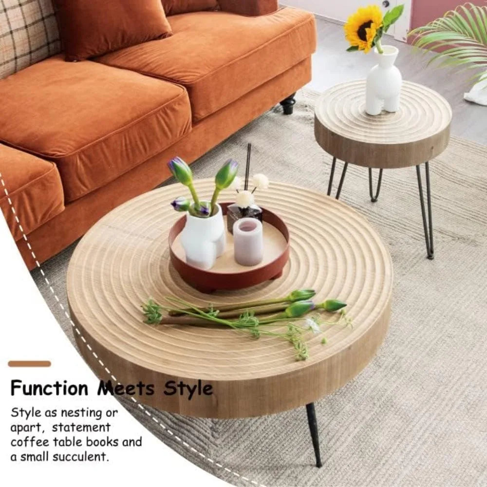 Modern Farmhouse Living Room Coffee Table Set, Nesting Table Round Natural Finish with Handcrafted Wood Ring Motif,