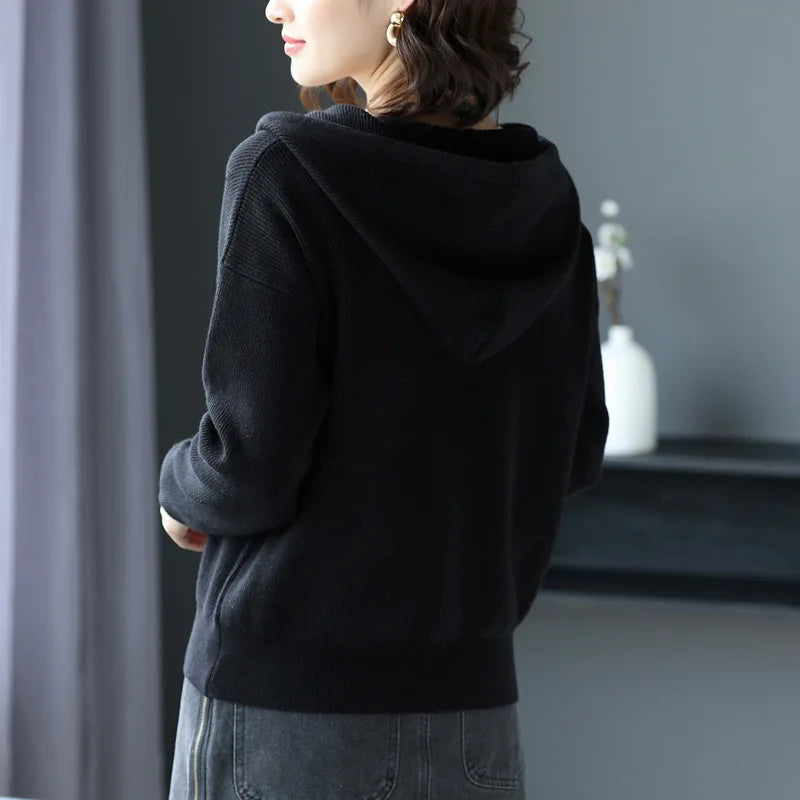 Spring Clothes Women 2023 Knitted Cardigan Korean Fashion Casual Long Sleeve Top Button Up Hooded Knitwears Sweater Coat