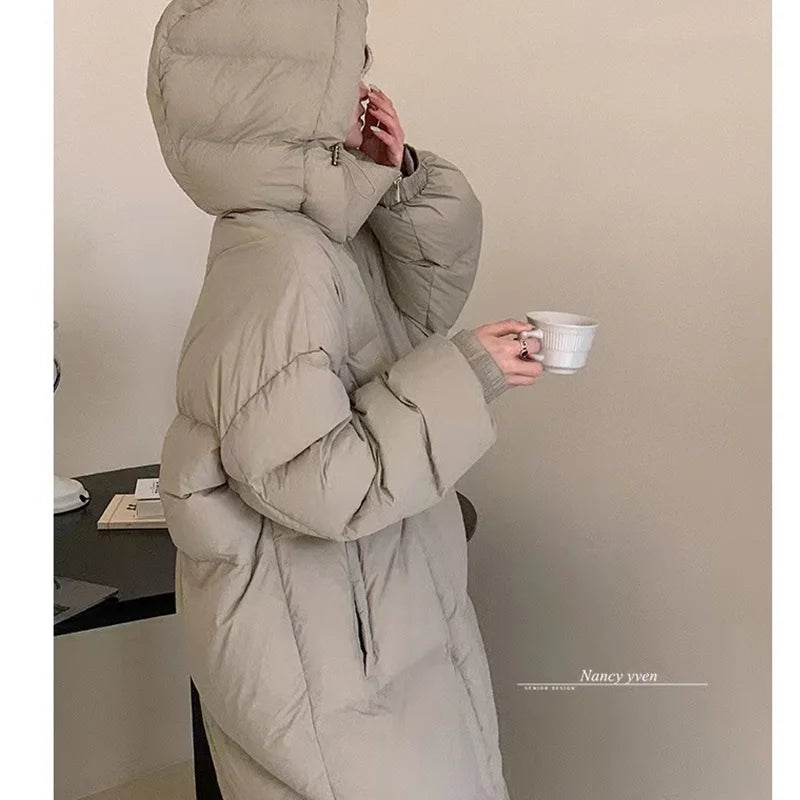 Khaki Down Jacket Women Hooded Coat Keep Thickening Warm Fashion Streetwear Duck Down Feather Female 2024 Winter Long Outwear