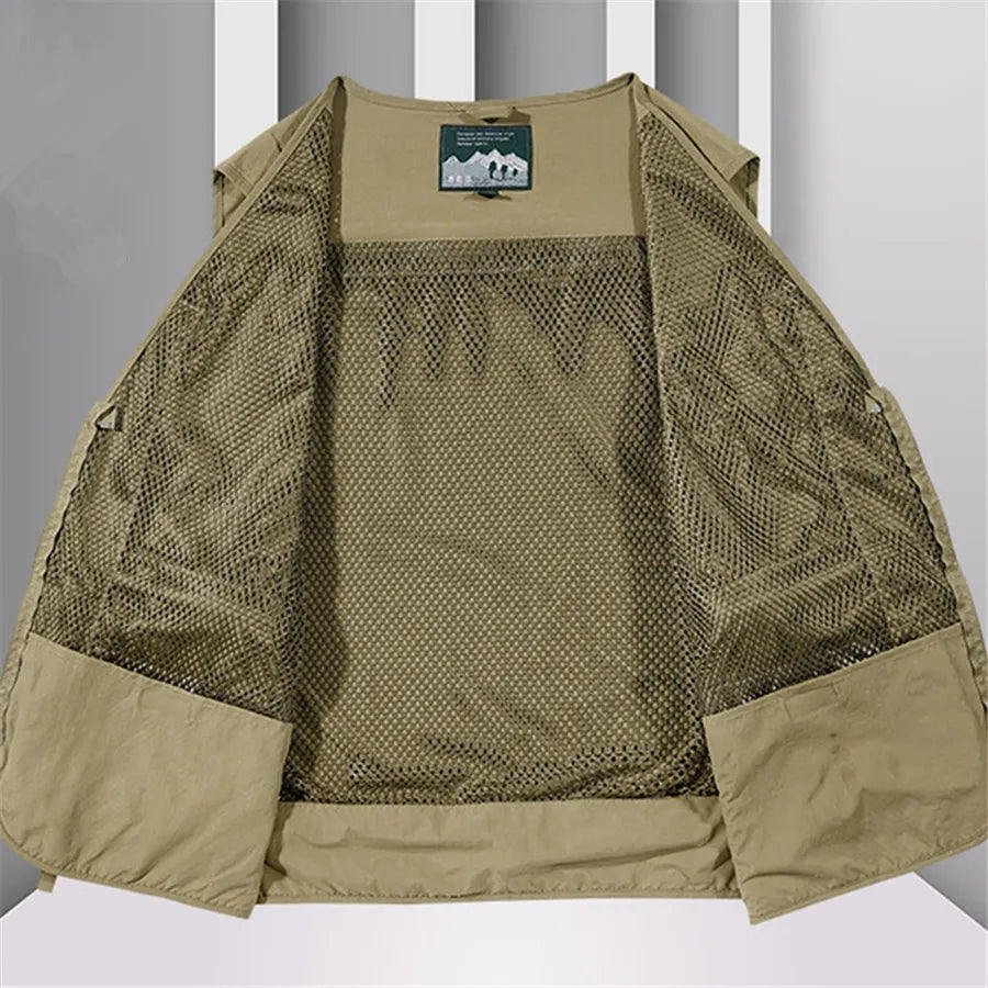 2024 New Summer Outdoor Vest Men's Multi-Pocket Breathable Mesh Sleeveless Jacket Tactical Hiking Fishing Cargo Tool Waistcoat