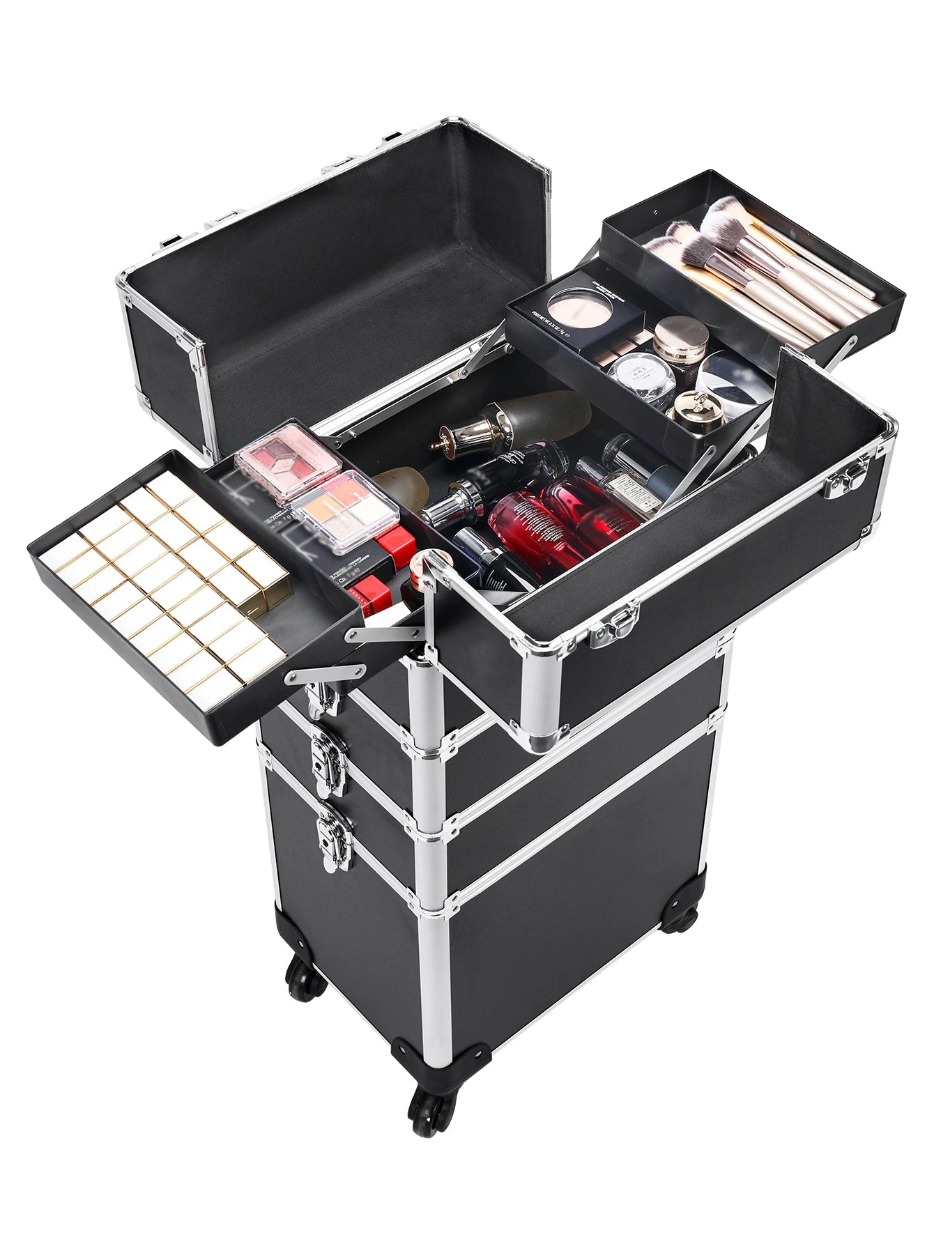 4 in 1 Aluminum Rolling Makeup Case On Wheels Cosmetic Storage Organizer Travel Train Case Divider With Labor-Saving Wheel