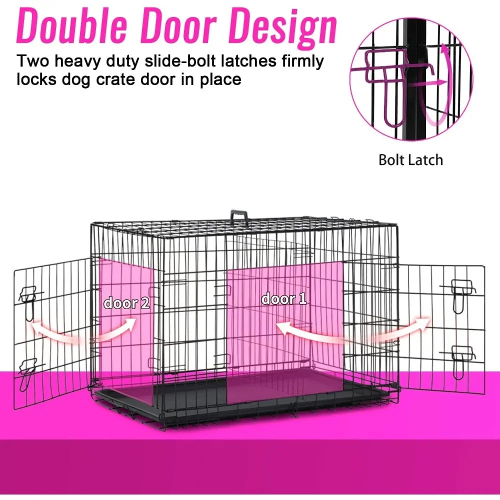 Dog Crate Cage Pet for Large s Folding Metal Double Door W/Divider Panel