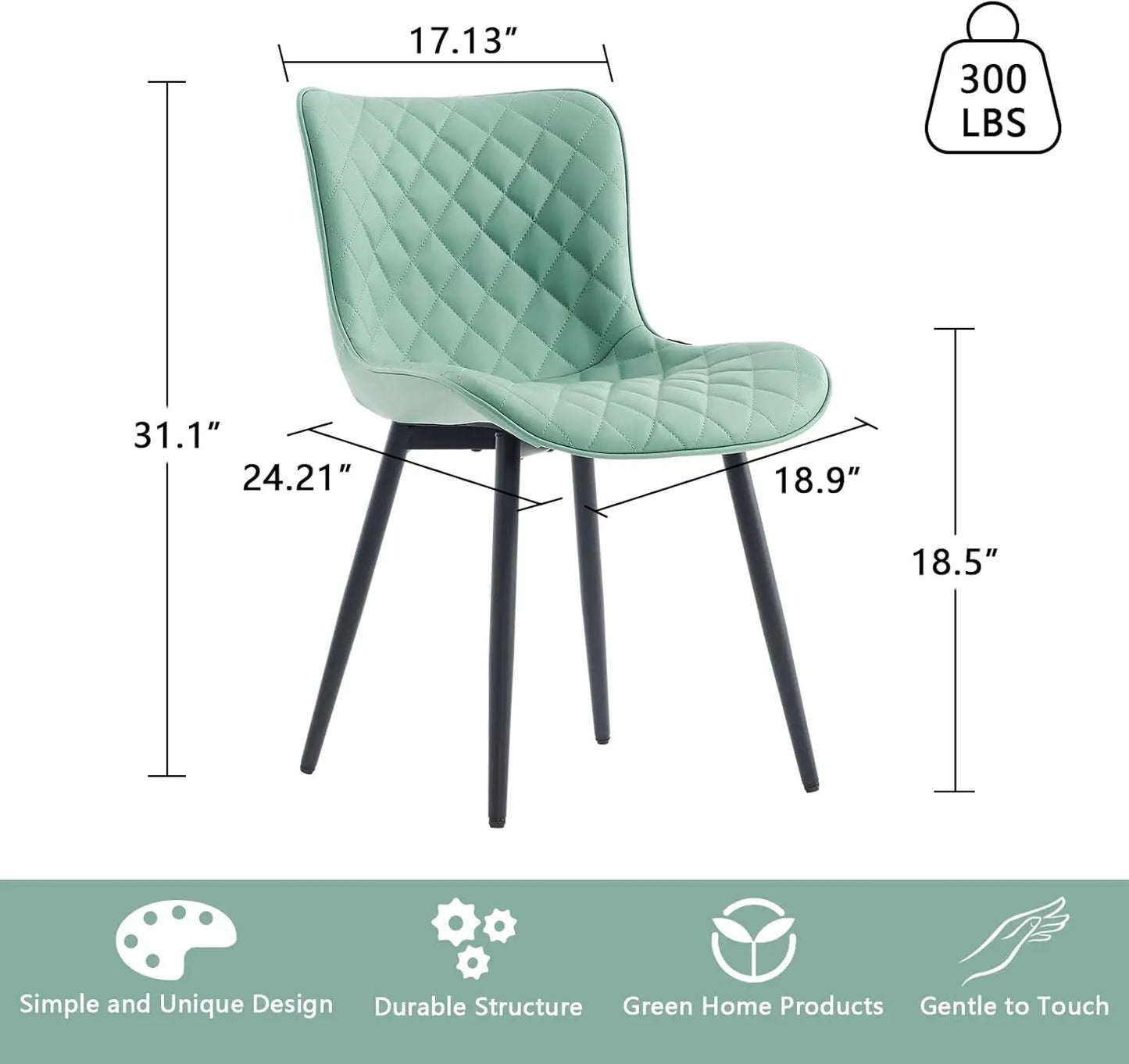 Light Green Dining Chairs Set of 2 Mid Century Modern PU Leather Diamond Upholstered Accent Guest Dinner Chair with Bac