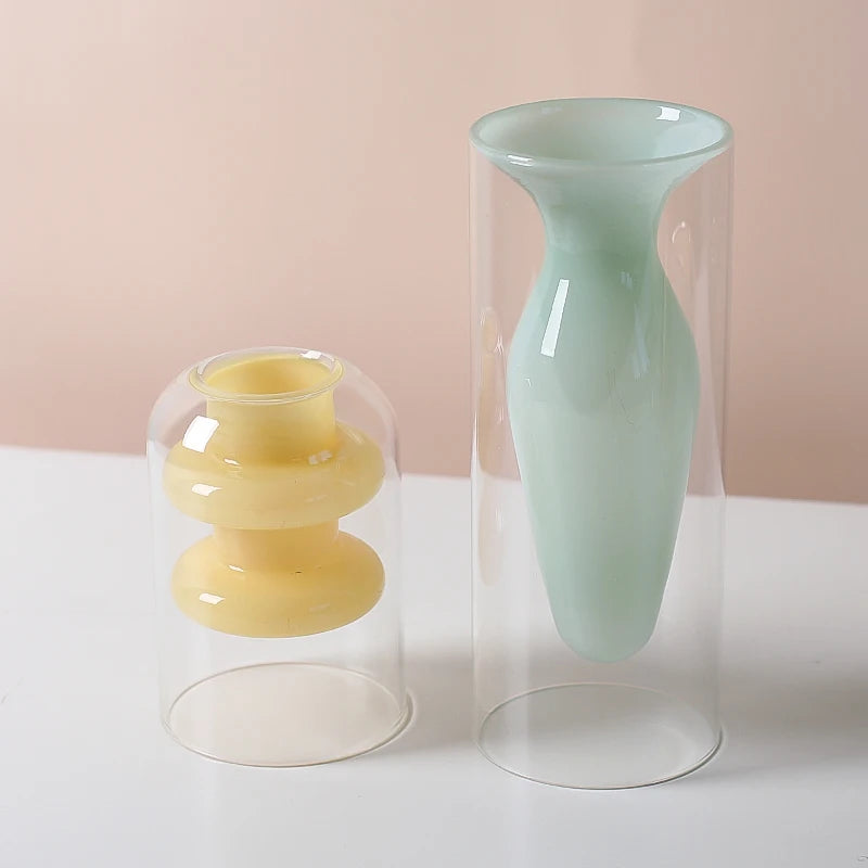 Decorative Double Wall Borosilicate Flower Vase Ins Hot Popular Cylinder Hydroponic Clear Murano Glass Vase
