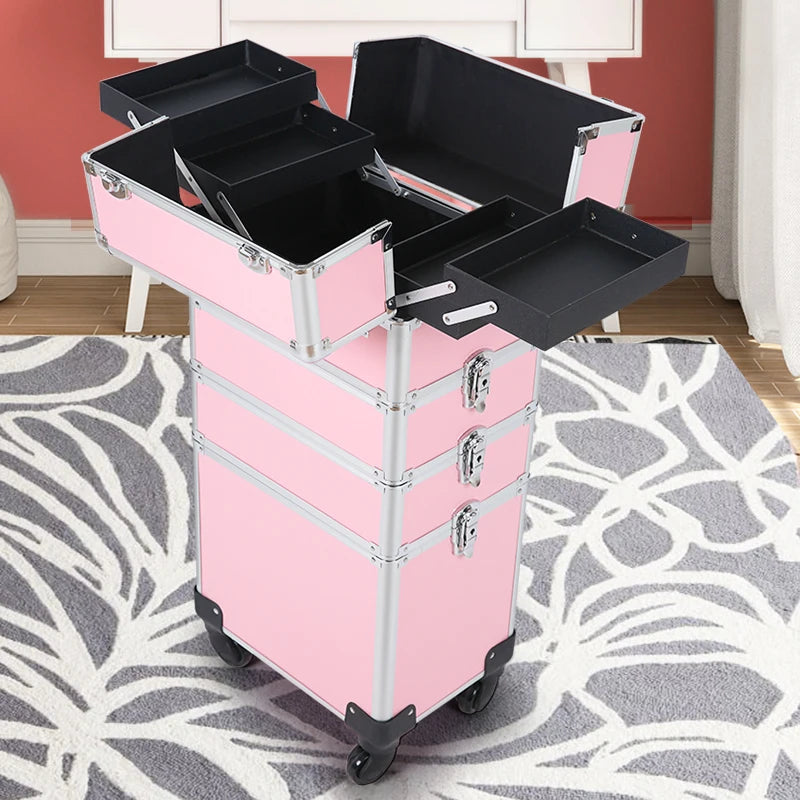4 in 1 Aluminum Rolling Makeup Case On Wheels Cosmetic Storage Organizer Travel Train Case Divider With Labor-Saving Wheel