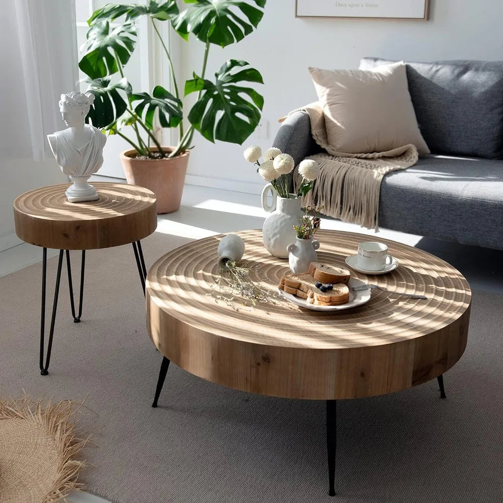 Modern Farmhouse Living Room Coffee Table Set, Nesting Table Round Natural Finish with Handcrafted Wood Ring Motif,