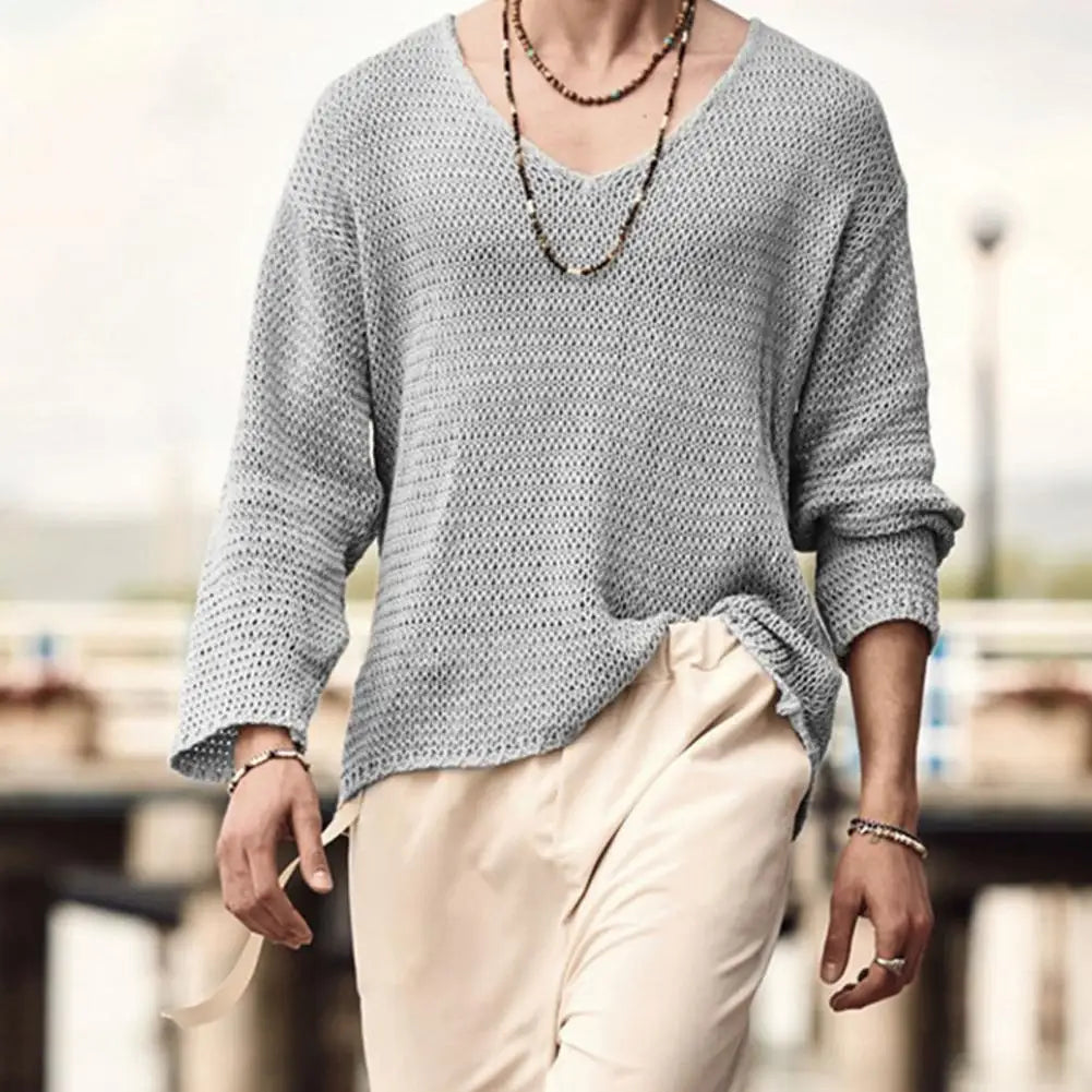 Lightweight Men Sweater Men's V-neck Pullover Sweater Solid Color Knitwear for Spring Autumn Long Sleeve Hollow for Streetwear