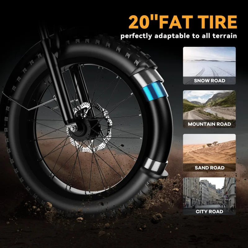1000W Folding , 48V 20AH Large Removable Battery E , 30 MPH, 80 Miles Max Range, 20" Fat Tire Electric Bike