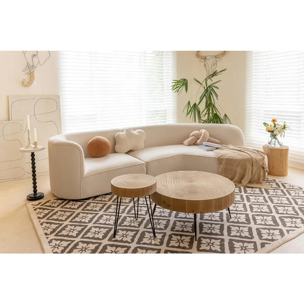 Modern Farmhouse Living Room Coffee Table Set, Nesting Table Round Natural Finish with Handcrafted Wood Ring Motif,