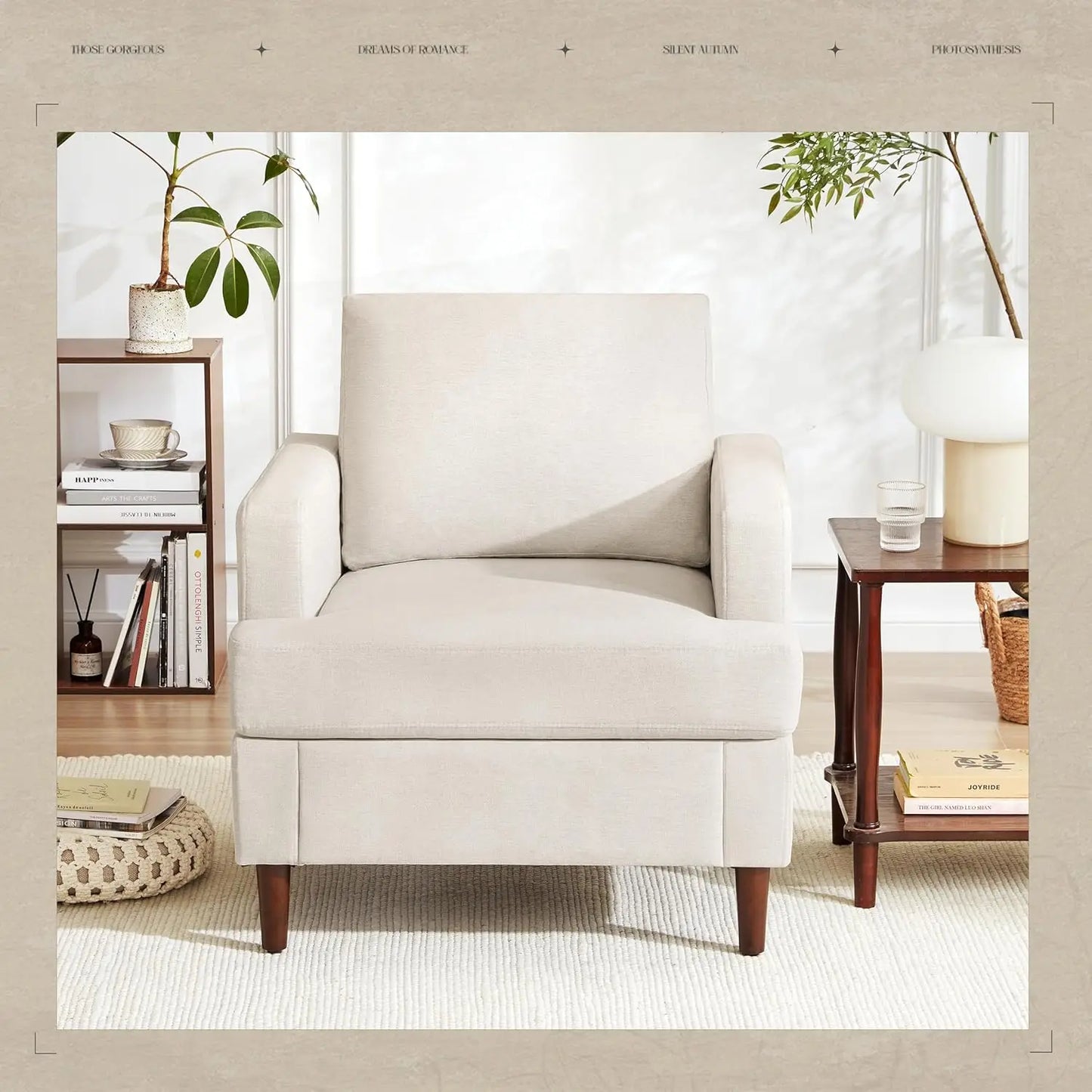 Mid-Century Accent Linen Fabric Armchair for Living Upholstered Reading Accent Chairs for Sofa Chair with Wood Legs
