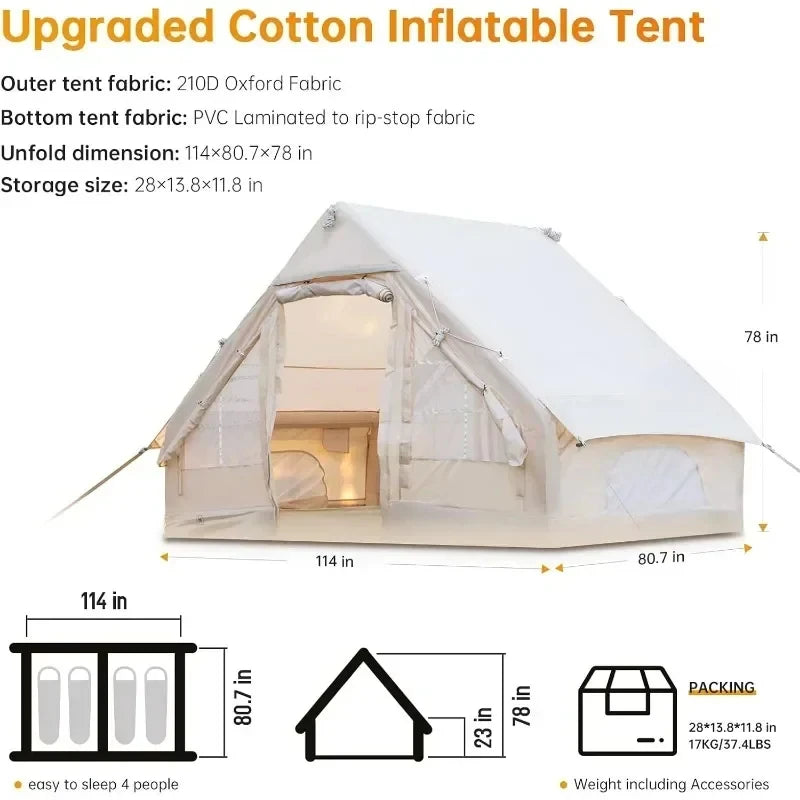Inflatable Camping Tent with Pump Glamping Tents Waterproof Windproof Outdoor Blow Up Tent Luxury Cabin Tent