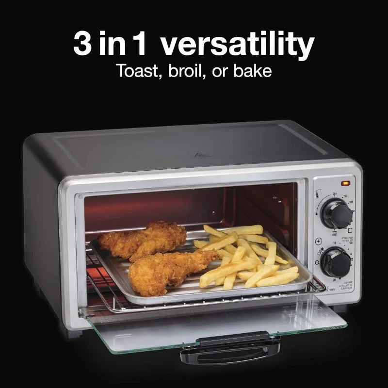 4 Slice Countertop Toaster Oven, Toast and Broiler, 1100 Watts, Includes Backing Pan and Rack, Black and Silver (31260)