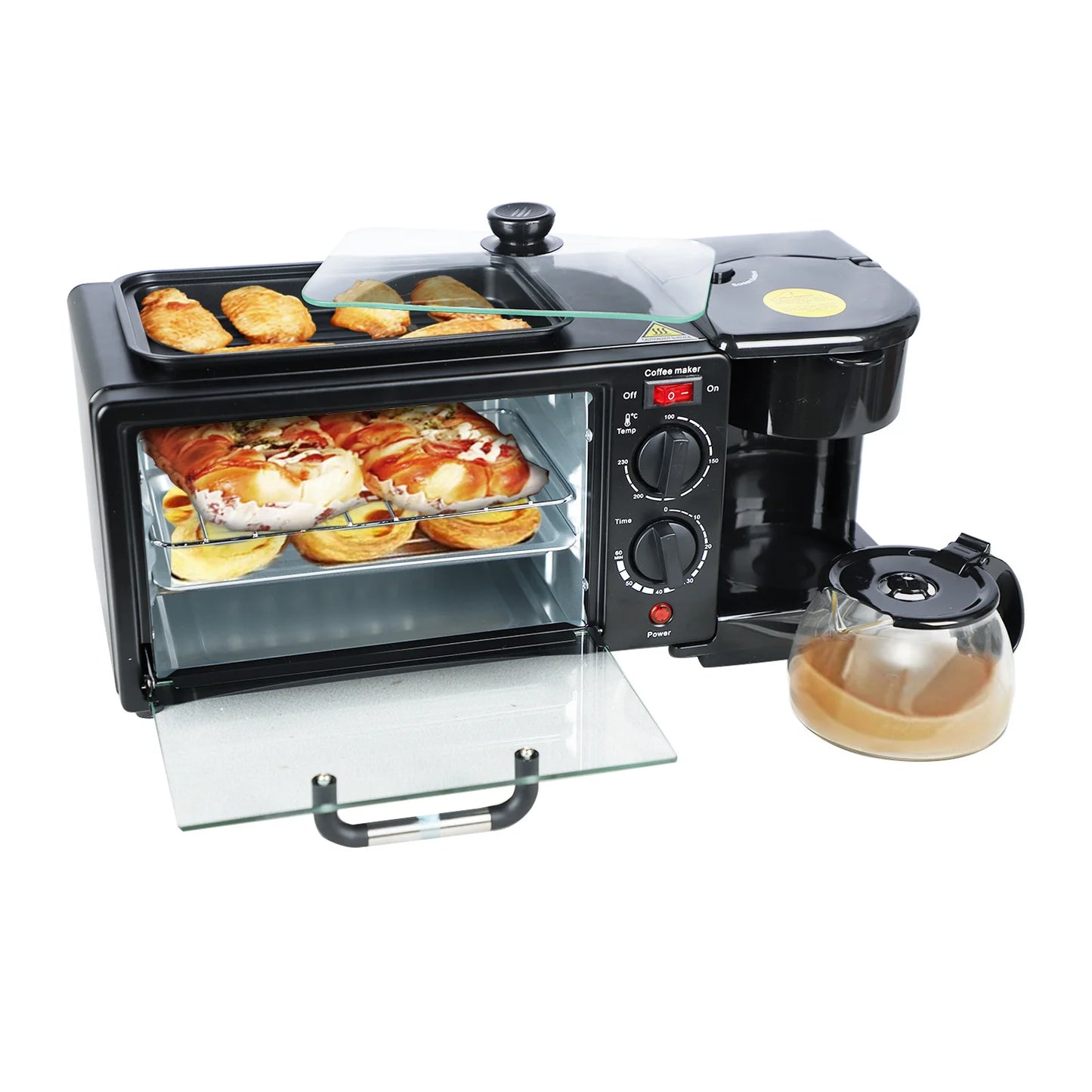 3 in 1 Breakfast Maker Non Stick Griddle Portable Toasters Oven with Coffee Machine Electric Breakfast Stations for Sausages