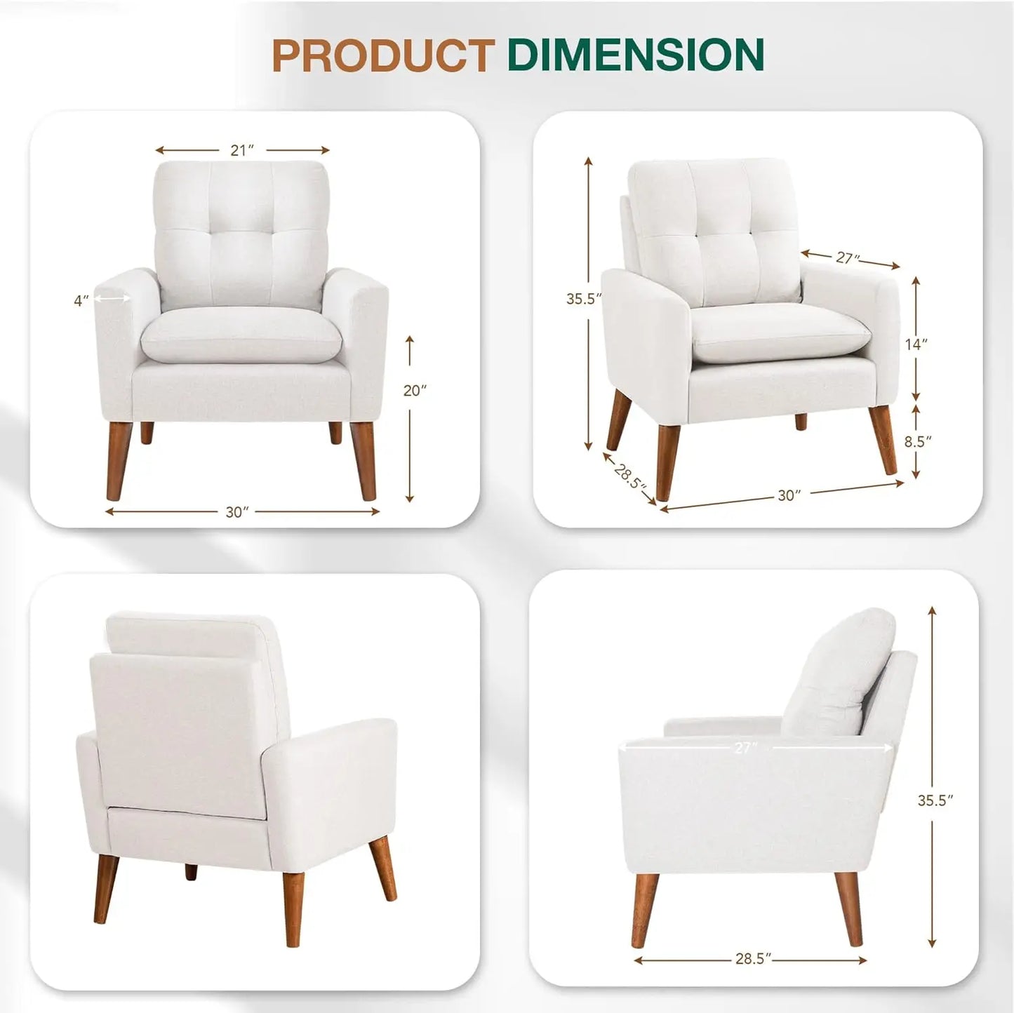 JUMMICO Mid Century Accent Chair, Fabric Modern Reading Living Room Chair, Fluffy Comfy Armchair Small Sofa Chair with Wood Legs