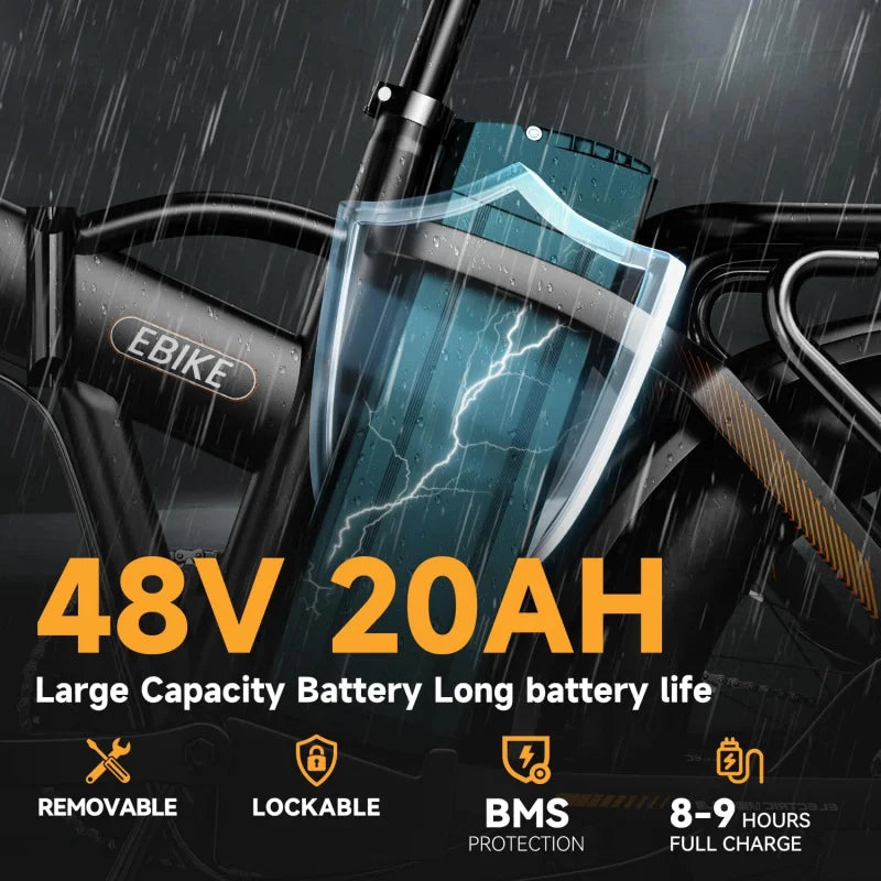 1000W Folding , 48V 20AH Large Removable Battery E , 30 MPH, 80 Miles Max Range, 20" Fat Tire Electric Bike