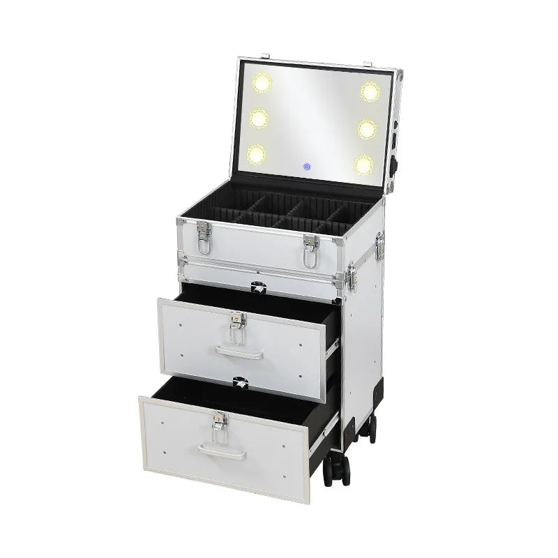 2024 New Professional Makeup Cart Wheels with Lights Large Capacity Trolley Cosmetic Case Rolling Luggage High-Quality Suitcase