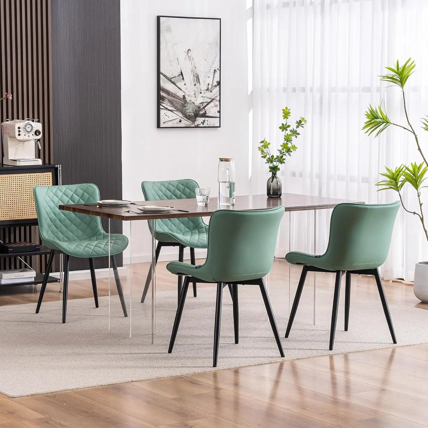 Light Green Dining Chairs Set of 2 Mid Century Modern PU Leather Diamond Upholstered Accent Guest Dinner Chair with Bac
