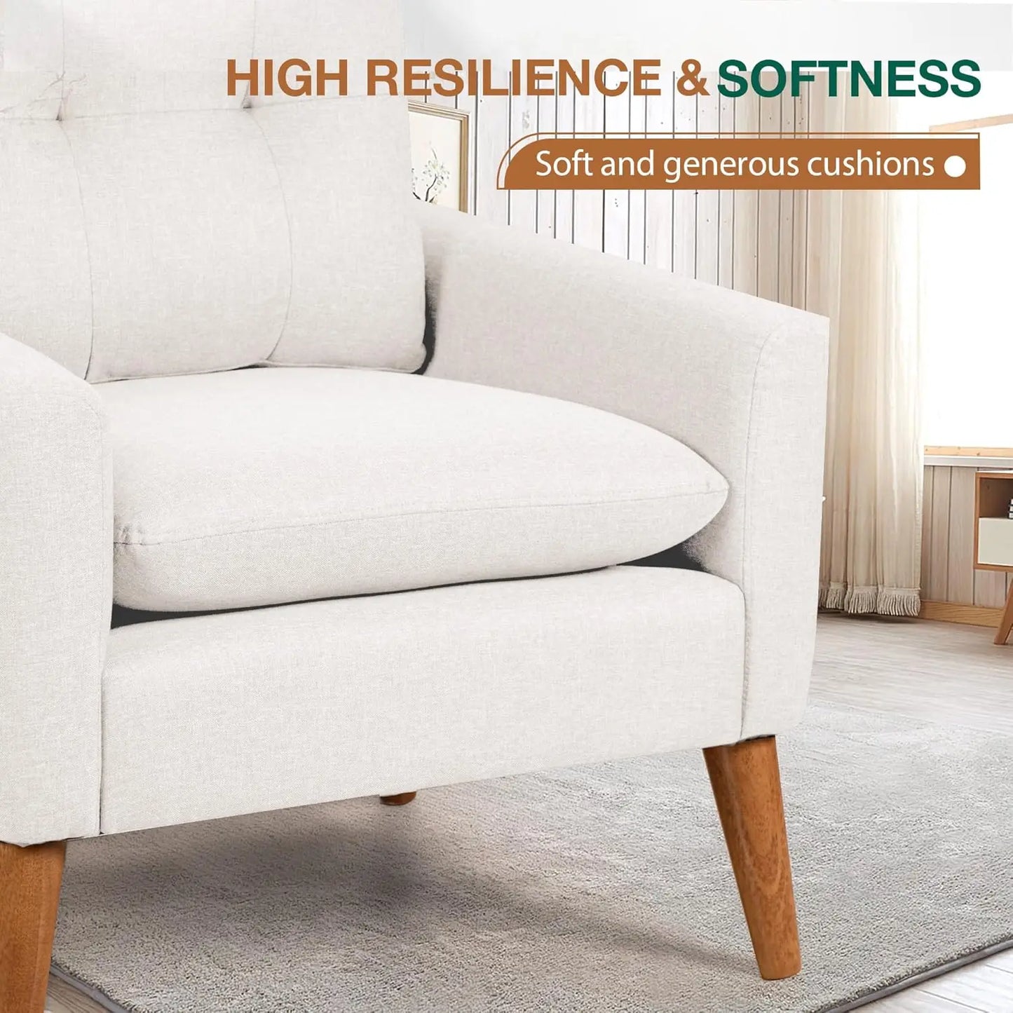 JUMMICO Mid Century Accent Chair, Fabric Modern Reading Living Room Chair, Fluffy Comfy Armchair Small Sofa Chair with Wood Legs