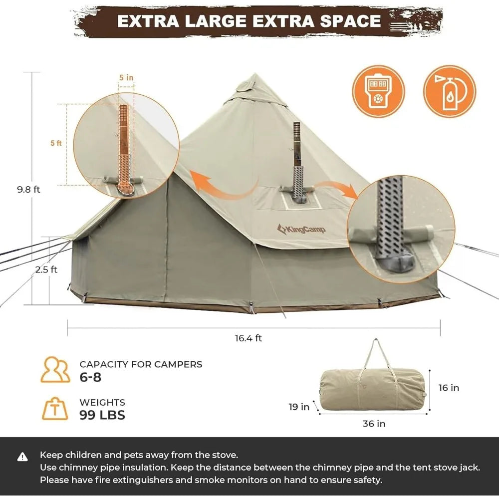 Canvas Bell Tent for Camping, 4 Seasons 13.2ft/16.4ft Camping Yurt Tent, w/Stove Jacks, Luxury Waterproof and Breathable Tents