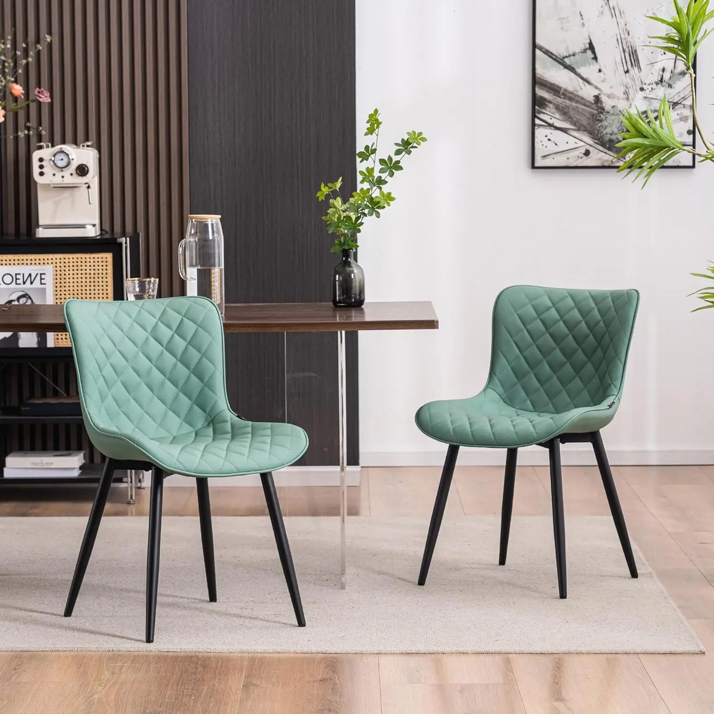 Light Green Dining Chairs Set of 2 Mid Century Modern PU Leather Diamond Upholstered Accent Guest Dinner Chair with Bac