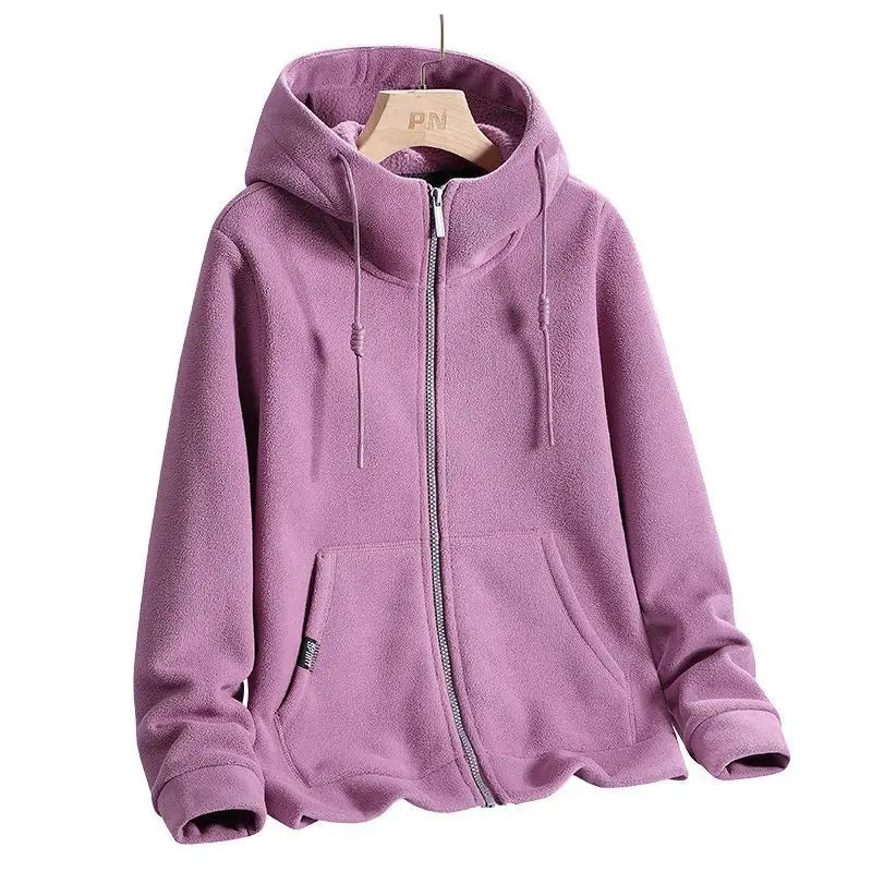 Solid Cashmere Fleece Hoodies Women Sweatshirt Autumn Winter Jacket Breathable Leisure Walk Warm Hooded Zipper Top Lady Coat
