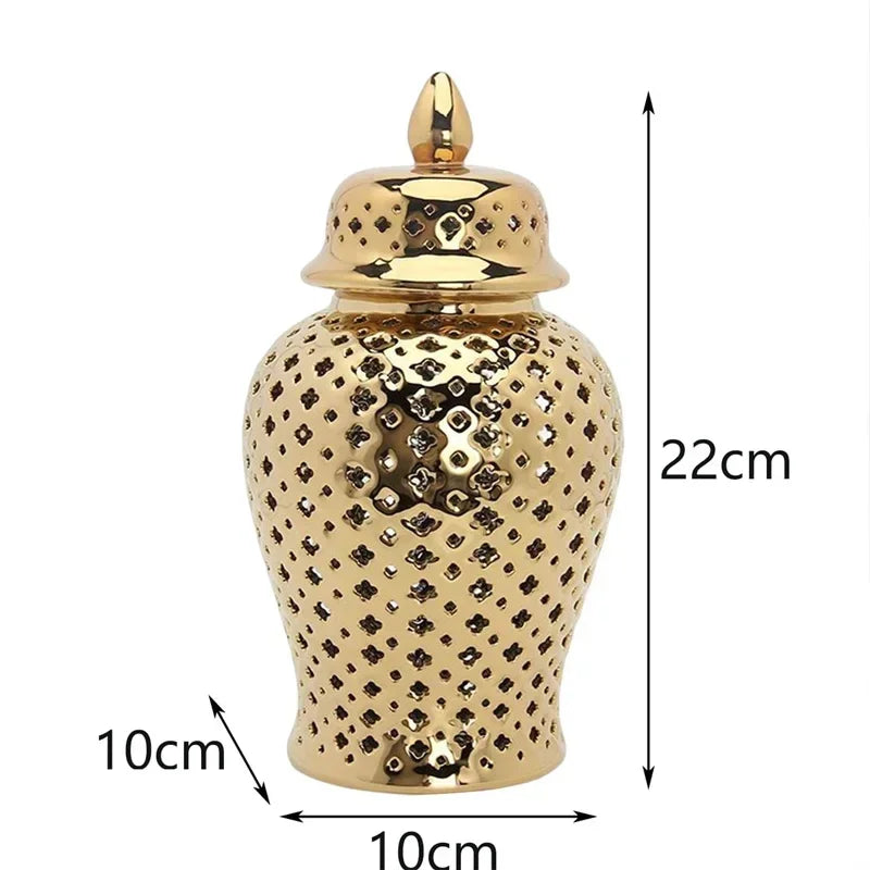 Hollow Out Storage Jar Ginger Jar Pierced Gold Ceramic Vase with Lid Bud Vase Carved Lattice Temple Jar for Room Home Decorative