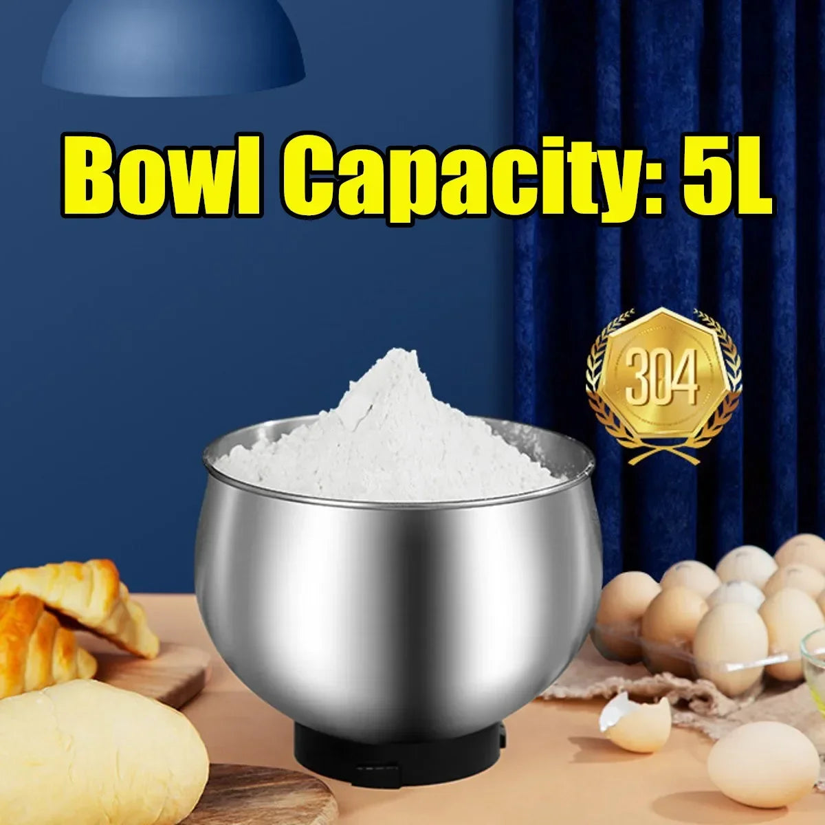 1200W 5L 6-speed Kitchen Food Stand Mixer Stainless Steel Bowl Home Cream Egg Whisk Blender Cake Dough Bread Mixer Maker Machine