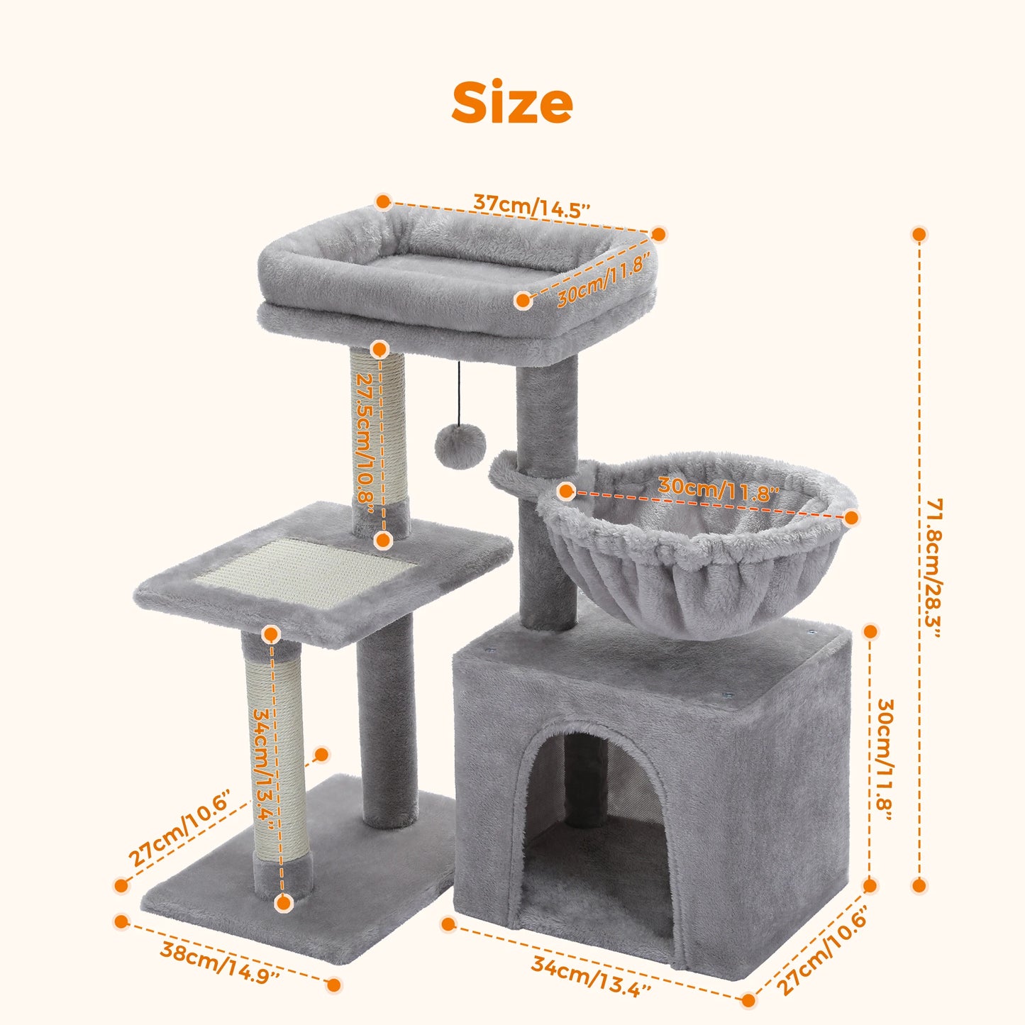 Cat tree Cat Tower for Indoor Cats 2 Styles Cat Activity Tree with Cat Scratching Posts Big Hammock and Removable Top Perch Grey