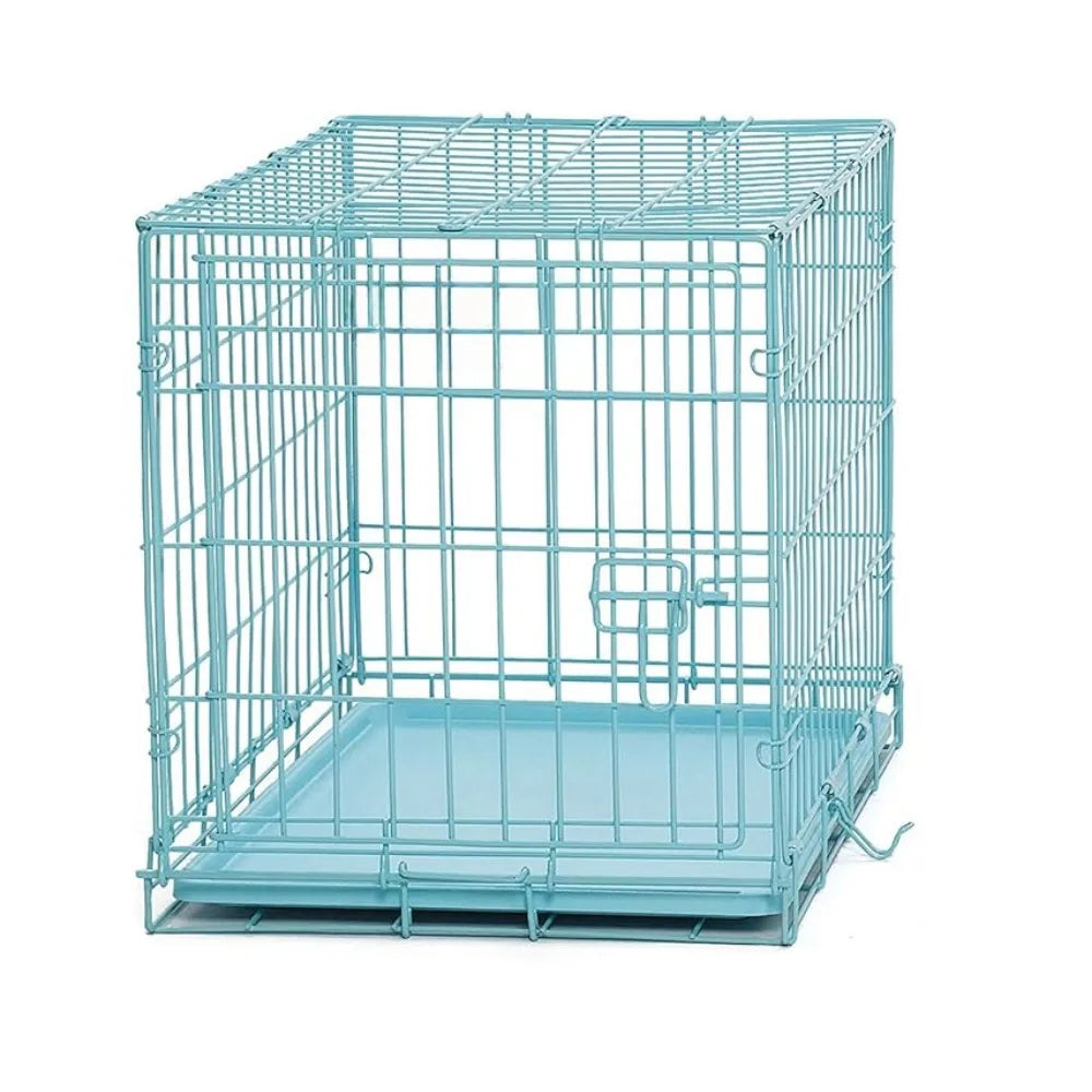 Single door blue folding metal dog cage with divider, floor protection 'roller' feet and leak-proof plastic tray