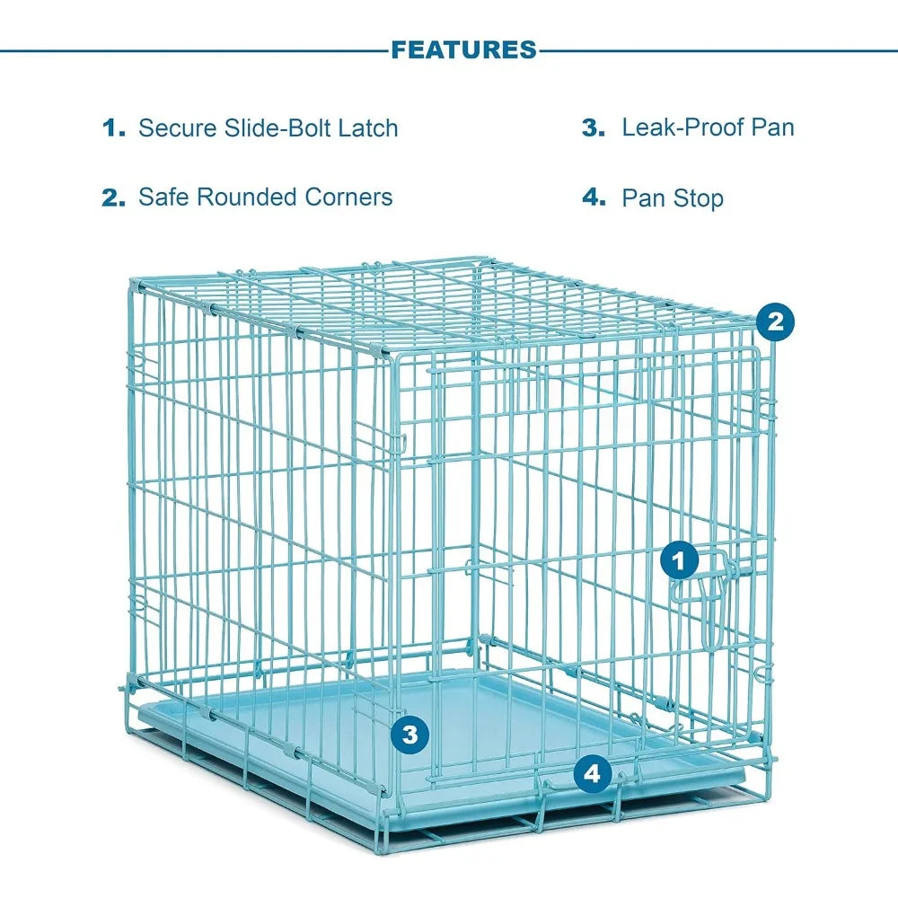 Single door blue folding metal dog cage with divider, floor protection 'roller' feet and leak-proof plastic tray