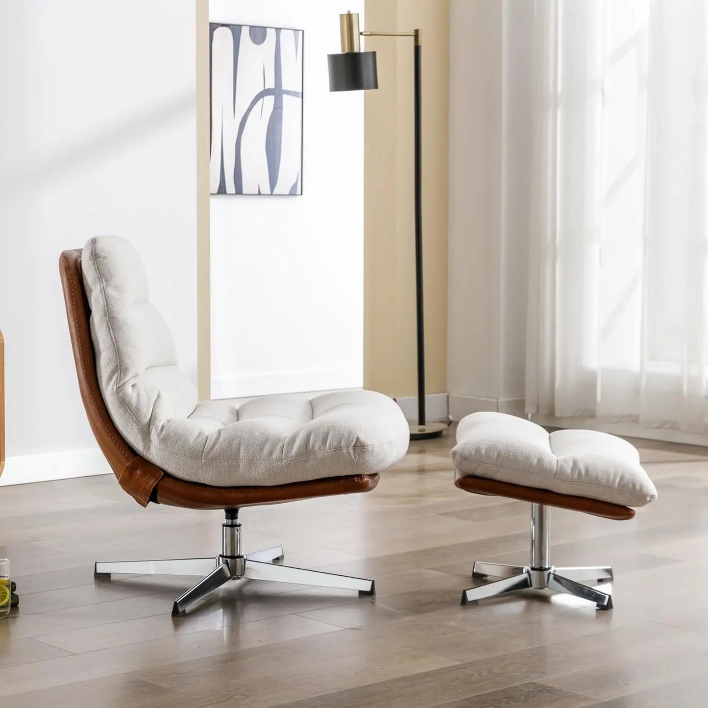 Swivel Accent Chair with Ottoman, Mid Century Modern Linen Lounge Chair with footrest, Comfy Oversized Armchair with 360 Degree