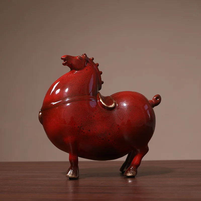 Creative Fat Horse Ceramic Statue, Home Decoration, Lucky Red Tang Horse Sculpture, Living Room Decoration, Retro Craft