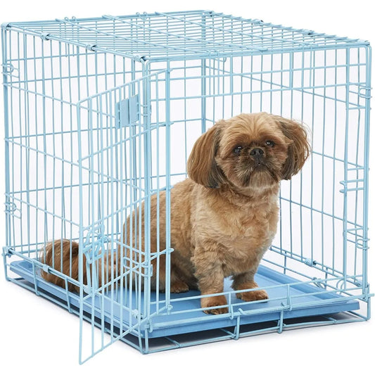 Single door blue folding metal dog cage with divider, floor protection 'roller' feet and leak-proof plastic tray