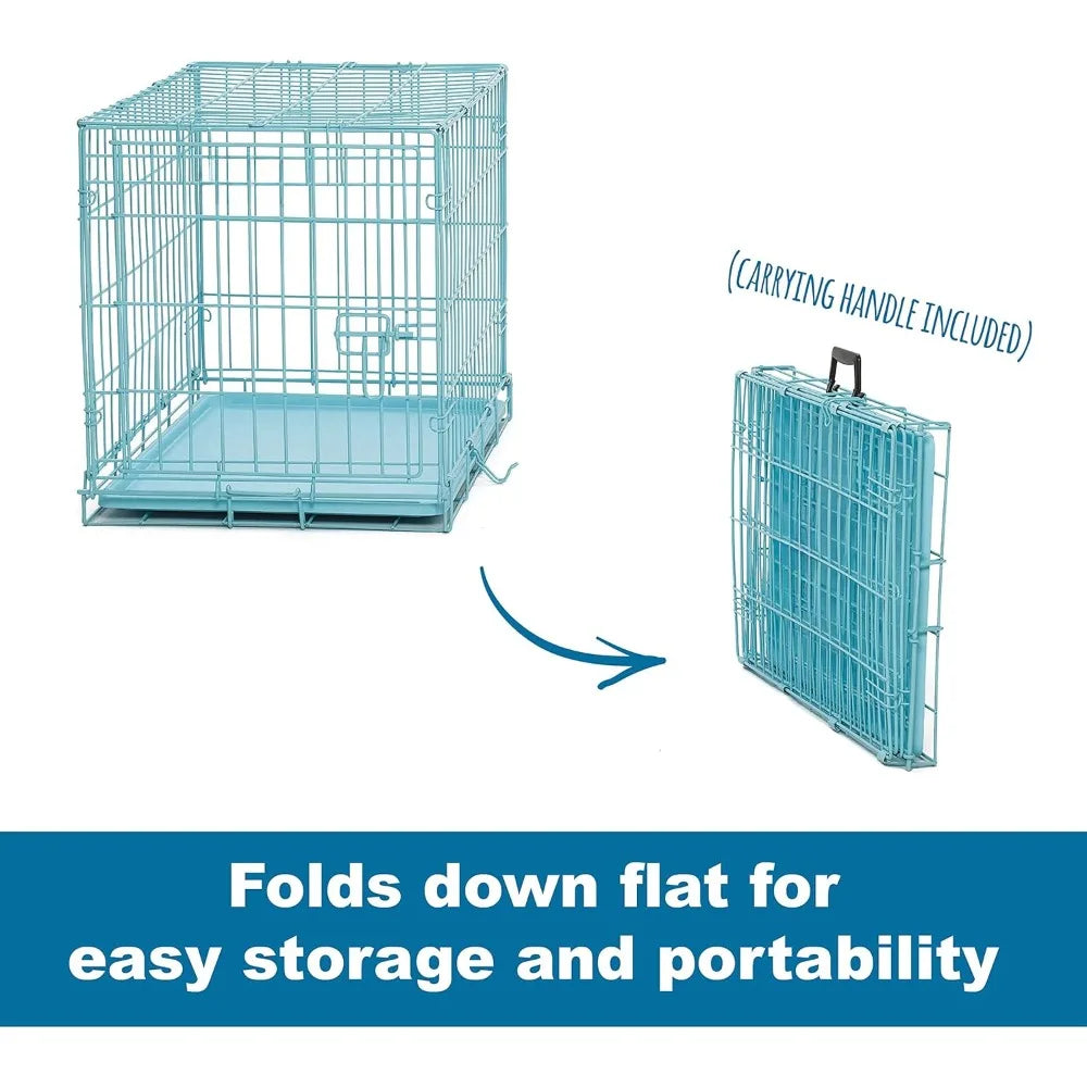 Single door blue folding metal dog cage with divider, floor protection 'roller' feet and leak-proof plastic tray